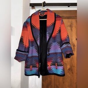 Vtg Jofeld Women M Coat Aztec Navajo Print Blanket Jacket Wool Blend Southwest